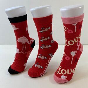 Valentines Day Womens Crew Socks 3-Pack Red Flamingo Cupid Love Print Cozy Cute
